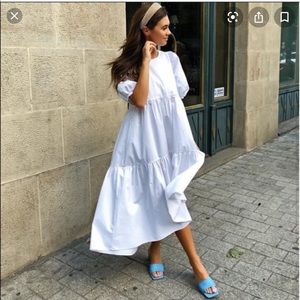 Zara Asymmetric white poplin midi dress